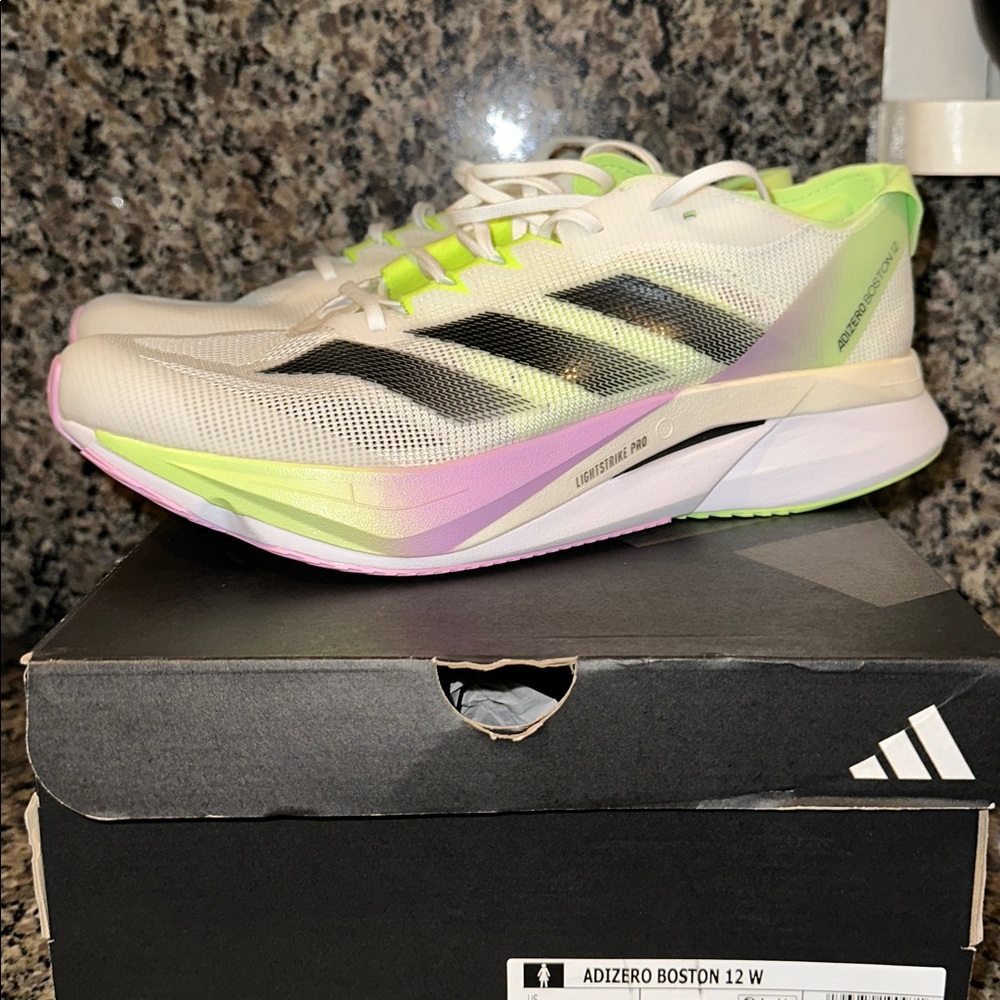 Adidas Boston 12 Women’s White & Neon Green Running Shoes - Picture 2 of 8